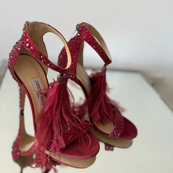 New Jimmy Choo VIOLA 110 Suede Crystal Sandals Red Ostrich Feather Tassel - Picture 12 of 17